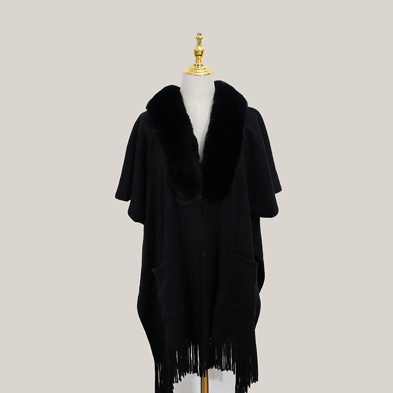 Sieviešu šalle no mākslīgā kašmīra ar pūciņām un kažokādas apkakli, dalītais šals, mrežveida raksts, warp audums, silts ziemai un rudens sezonai