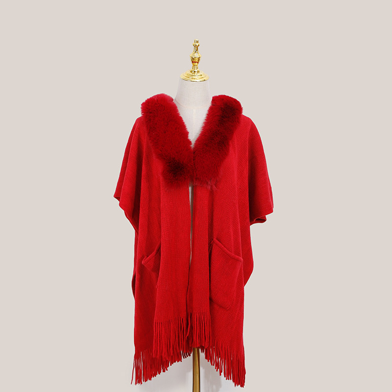 Sieviešu šalle no mākslīgā kašmīra ar pūciņām un kažokādas apkakli, dalītais šals, mrežveida raksts, warp audums, silts ziemai un rudens sezonai