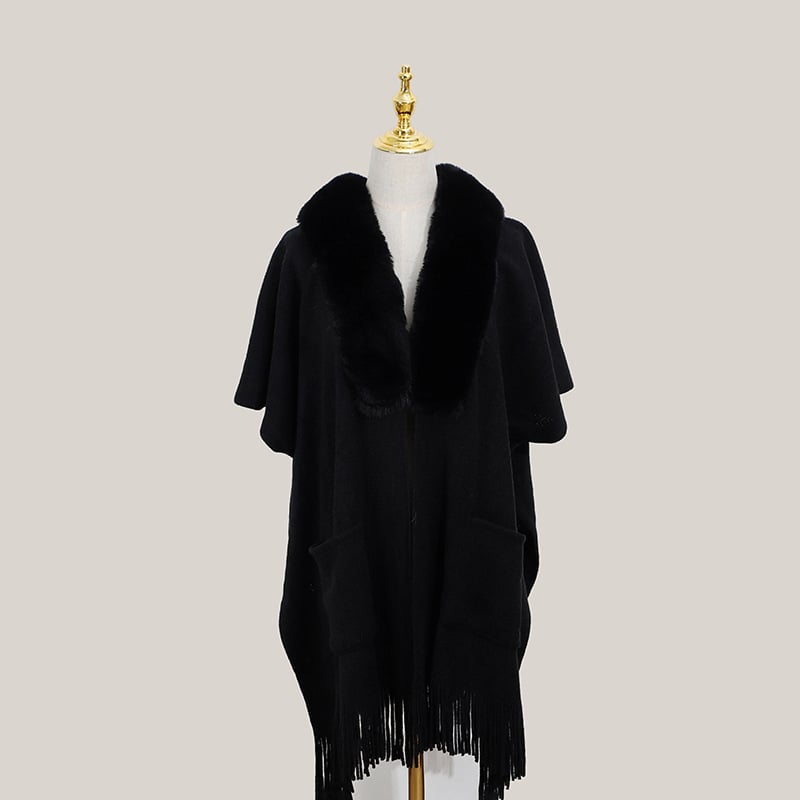 Sieviešu šalle no mākslīgā kašmīra ar pūciņām un kažokādas apkakli, dalītais šals, mrežveida raksts, warp audums, silts ziemai un rudens sezonai