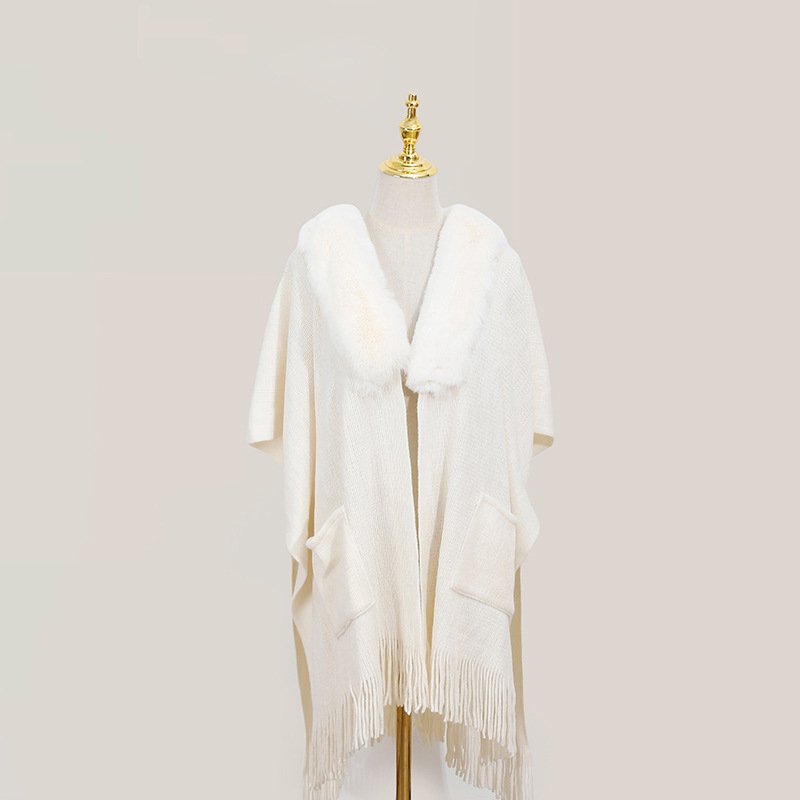 Sieviešu šalle no mākslīgā kašmīra ar pūciņām un kažokādas apkakli, dalītais šals, mrežveida raksts, warp audums, silts ziemai un rudens sezonai