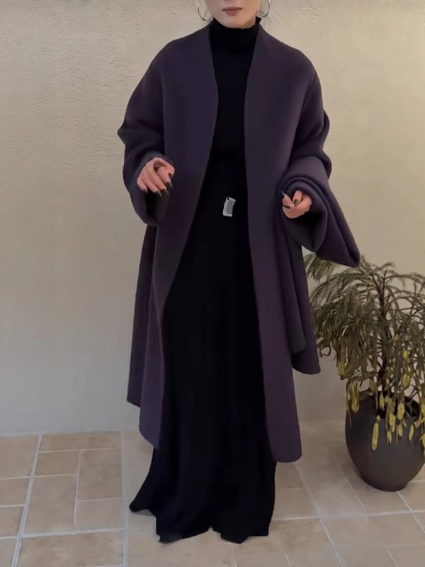 Palton de femei din lână cu guler-fular, croială lejeră, 70–80% lână, amestec poliester, mâneci lungi