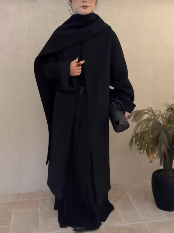 Palton de femei din lână cu guler-fular, croială lejeră, 70–80% lână, amestec poliester, mâneci lungi