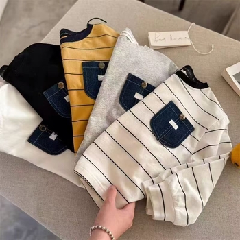 Tricou pentru copii cu mânecă lungă, stil coreean, dungi, buzunar, 100% bumbac