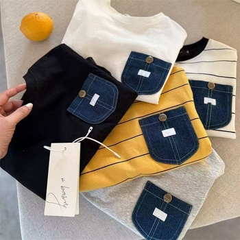 Tricou pentru copii cu mânecă lungă, stil coreean, dungi, buzunar, 100% bumbac