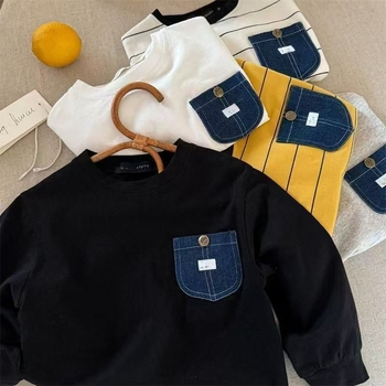 Tricou pentru copii cu mânecă lungă, stil coreean, dungi, buzunar, 100% bumbac