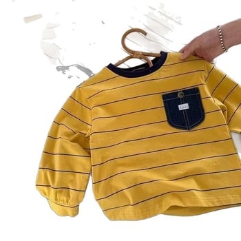 Tricou pentru copii cu mânecă lungă, stil coreean, dungi, buzunar, 100% bumbac