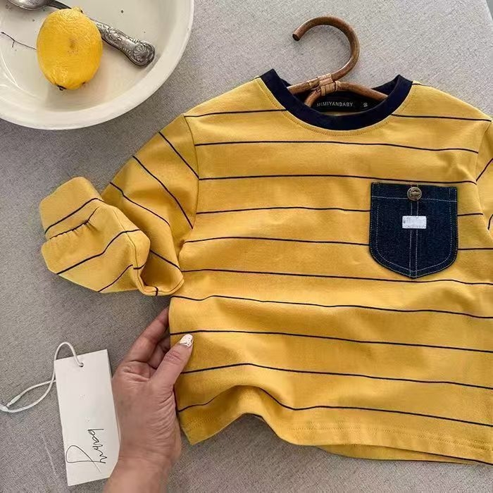 Tricou pentru copii cu mânecă lungă, stil coreean, dungi, buzunar, 100% bumbac