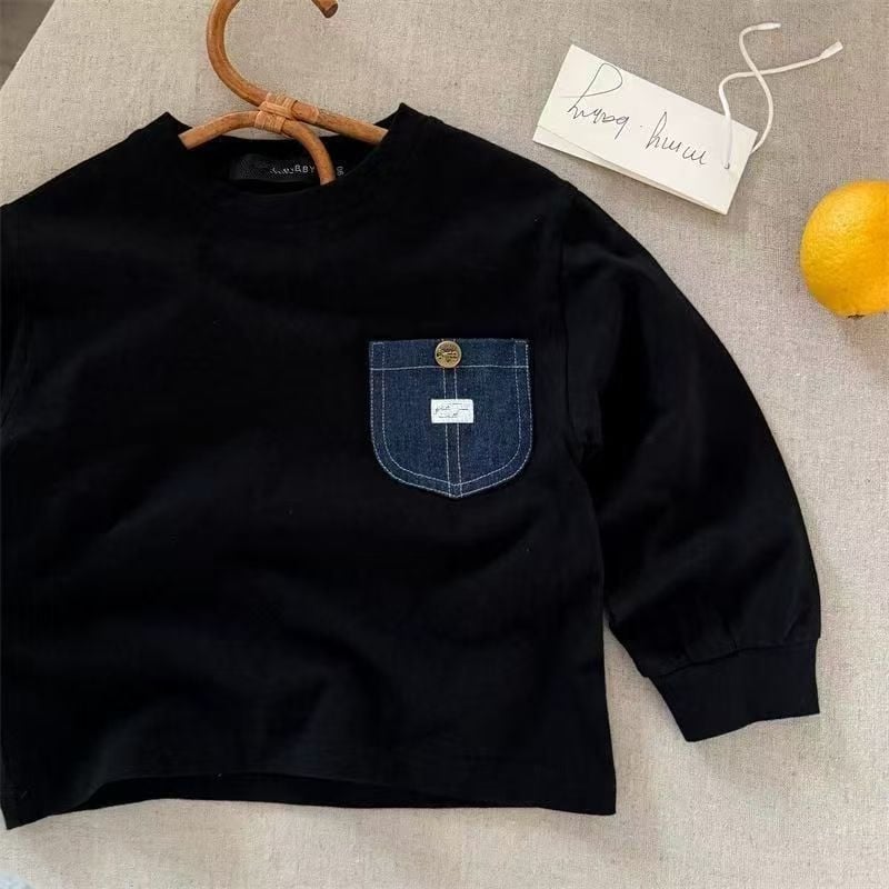 Tricou pentru copii cu mânecă lungă, stil coreean, dungi, buzunar, 100% bumbac