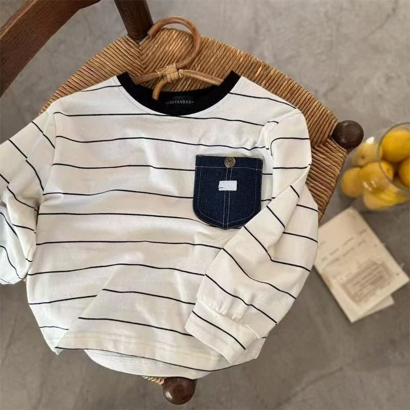 Tricou pentru copii cu mânecă lungă, stil coreean, dungi, buzunar, 100% bumbac