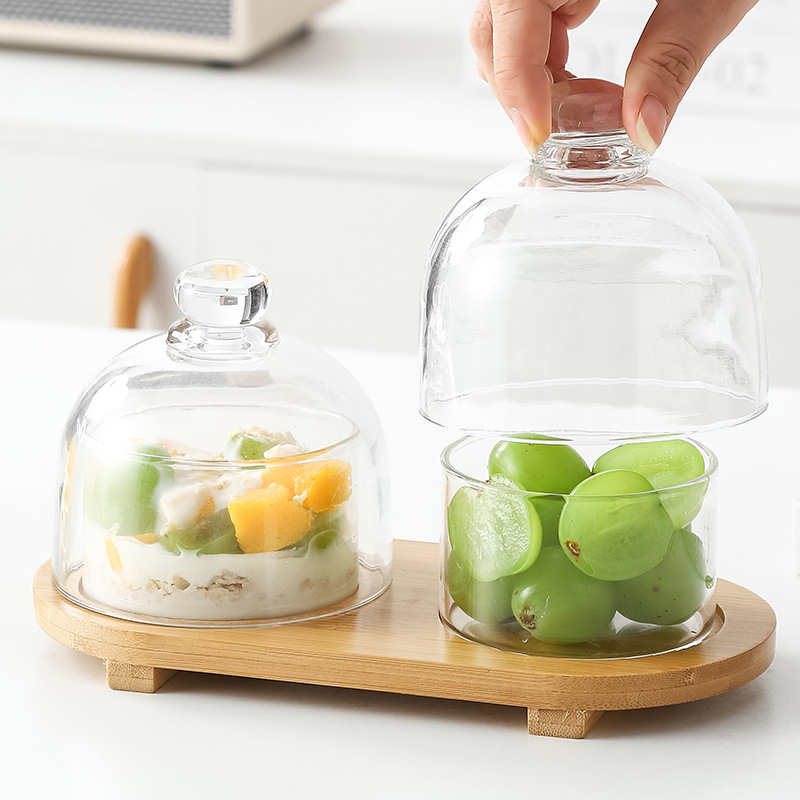Vas de desert cu capac din sticlă, porție individuală, farfurie de fructe, material sticlă, stil nordic, brand jiarib