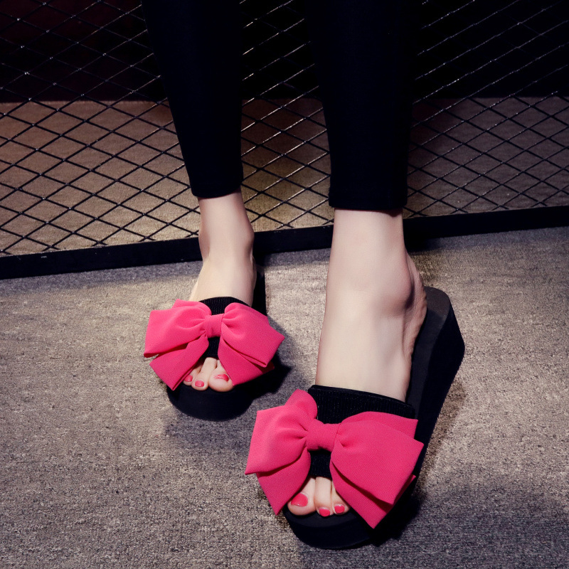 Női koreai stílusú masnis platform szandál, PU talp, textil bélés, egyszínű, strandhoz