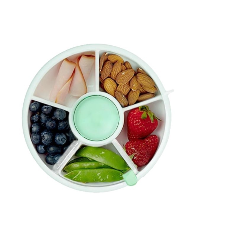 Cutie prânz rotativă circulară cu capac – cutie portabilă pentru gustări copii și farfurie rotativă pentru fructe, etanșă, plastic, stil modern simplu