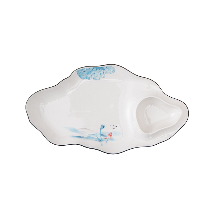 Tanjur za dumplings s rešetkom za ocat – keramika, mikrovalna sigurna, boja ispod glazure, moderan minimalistički stil