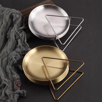 Posuda za posluživanje od nehrđajućeg čelika sa bazom i skladišnim nosačem, okrugla plitka posuda za voće i grickalice, sigurno za mikrovalnu pećnicu, korejski stil, mogućnost tiska logotipa