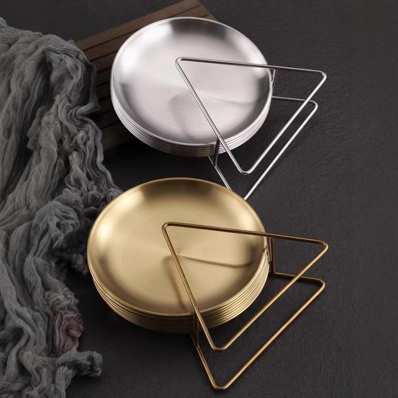 Posuda za posluživanje od nehrđajućeg čelika sa bazom i skladišnim nosačem, okrugla plitka posuda za voće i grickalice, sigurno za mikrovalnu pećnicu, korejski stil, mogućnost tiska logotipa