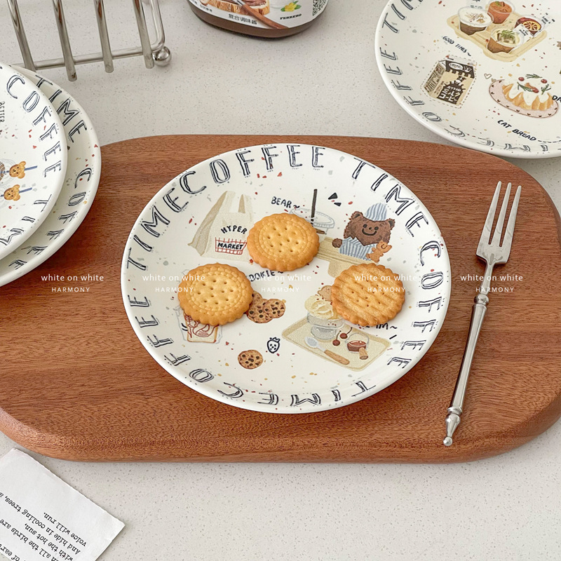 Vas de servire din porțelan cu finisaj subglazură, model desene animate, stil proaspăt, formă rotundă