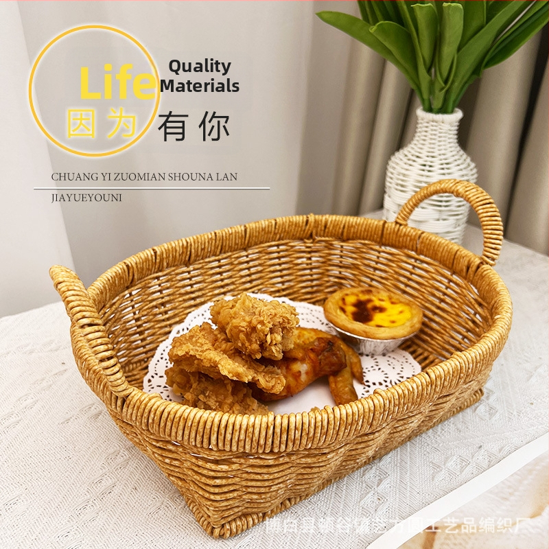 Kôš na ovocie s dvomi uchami, ručne tkaný napodobenina ratanu, stolný úložný kôš, plastový, prémiová kvalita