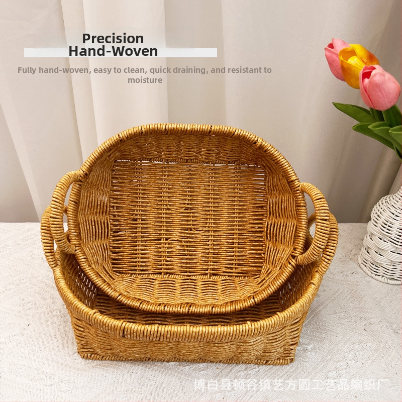 Kôš na ovocie s dvomi uchami, ručne tkaný napodobenina ratanu, stolný úložný kôš, plastový, prémiová kvalita