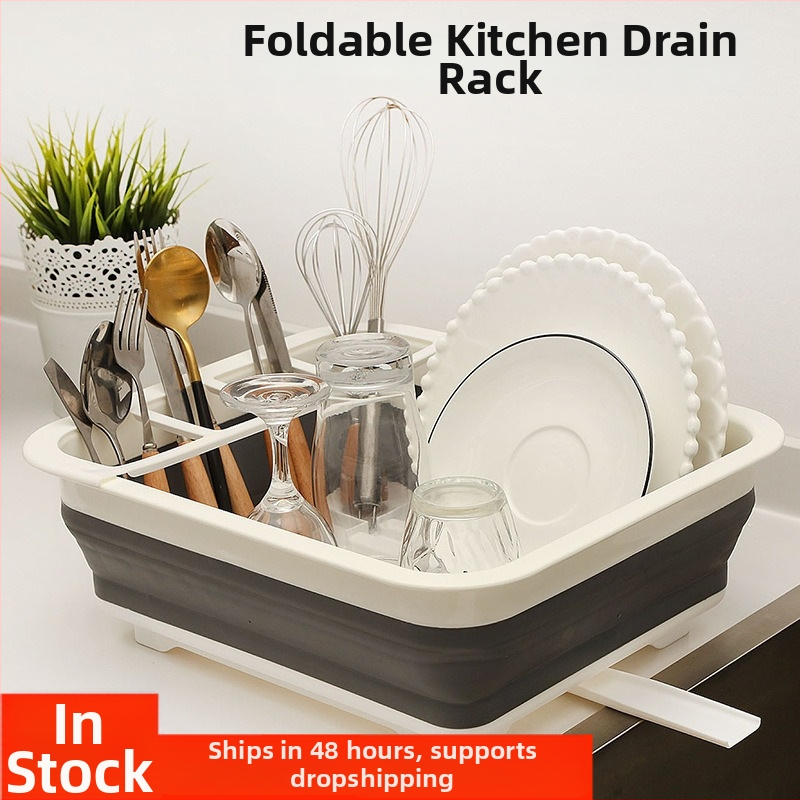 Skladateľný dvojúrovňový kuchynský držiak na odkvapkávanie pre misky, taniere, príbory a riad – plast, viacúčelová úložná polica