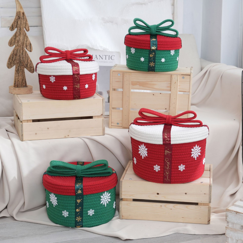 Vianočná úložná miska s viečkom, z bavlnenej priadze, roztomilý kreslený štýl