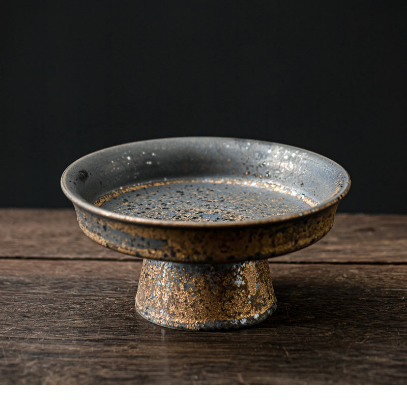 Porcelánový ovocný tanier s vysokou nohou a pozláteným okrajom, vintage štýl, Jiutian Burn