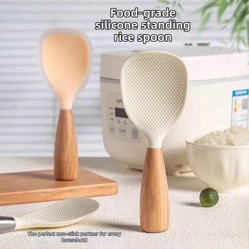 Álló rizsskanál – élelmiszer-minőségű szilikon, fa nyél, hőálló, tapadásmentes