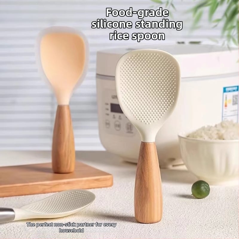 Álló rizsskanál – élelmiszer-minőségű szilikon, fa nyél, hőálló, tapadásmentes
