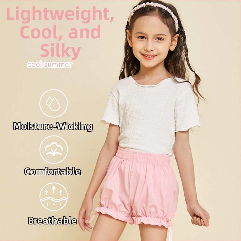 Shorts pentru copii cu suprapunere de fustă – pentru vârste 3–8, satin, poliester 100%, talie medie, funda