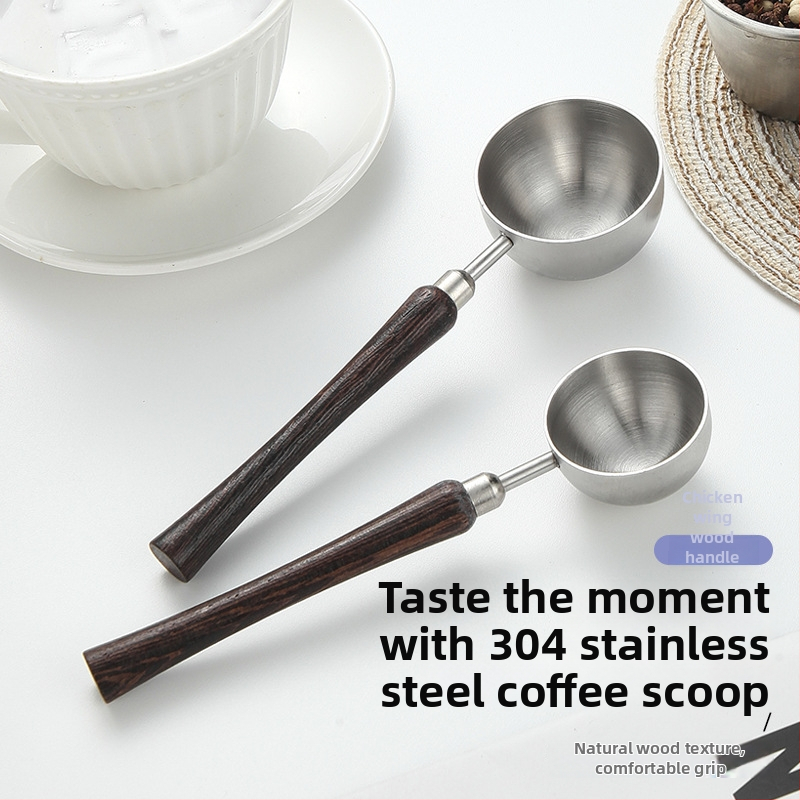 Mērīšanas karote piena pulverim un kafijas pupiņām — 304 nerūsējošā tērauda, ilga koka rokturis, daudzfunkcionāls virtuves rīks