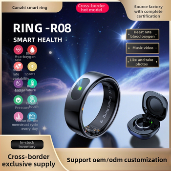 Okosgyűrű R08/Q8 – szívritmus, SpO2, HRV, alváskövetés és bőrhőmérséklet mérés; 15 mAh akkumulátor; súly 3,5 g; Android és iOS kompatibilis.
