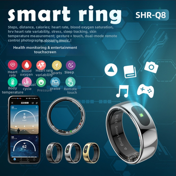 Okosgyűrű R08/Q8 – szívritmus, SpO2, HRV, alváskövetés és bőrhőmérséklet mérés; 15 mAh akkumulátor; súly 3,5 g; Android és iOS kompatibilis.