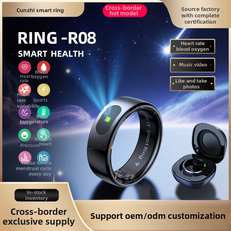 Okosgyűrű R08/Q8 – szívritmus, SpO2, HRV, alváskövetés és bőrhőmérséklet mérés; 15 mAh akkumulátor; súly 3,5 g; Android és iOS kompatibilis.