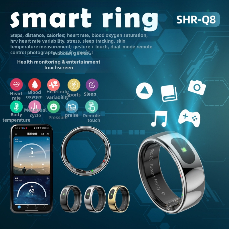Okosgyűrű R08/Q8 – szívritmus, SpO2, HRV, alváskövetés és bőrhőmérséklet mérés; 15 mAh akkumulátor; súly 3,5 g; Android és iOS kompatibilis.