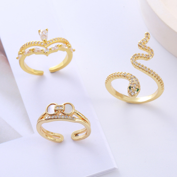 Bakreni prsten u obliku zmije s cirkonima, premaz 18K zlatom, podesiv otvor, moderan i personaliziran unisex prsten