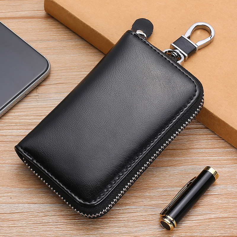 Cipzárral záródó kulcstartó táska, valódi marhabőrből, nagy kapacitású, többfunkciós