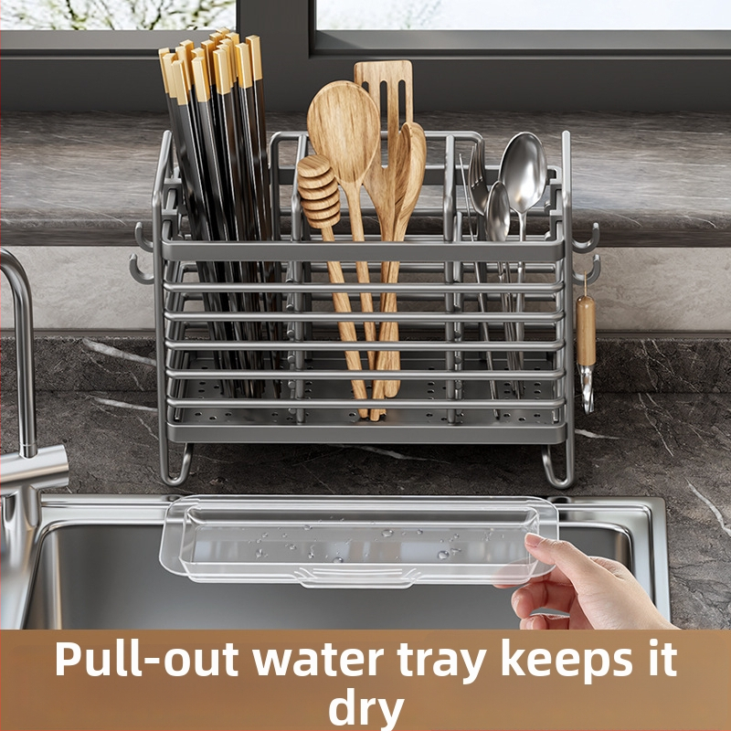 Nūjiņām un ēdiena piederumiem paredzēta sienas uzglabāšanas kārba — ABS plastmasa, virtuves nosusinošs plaukts, nūjiņām un karotēm organizētājs