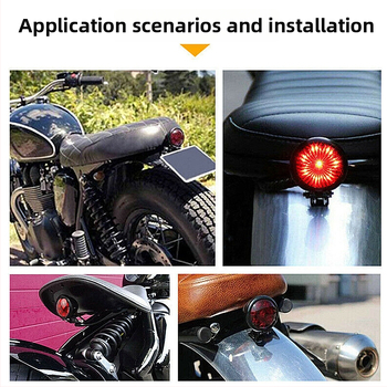 LED zadné svetlo na motocykl, retro-modifikované, kruhové kovové puzdro, brzdové svetlo, univerzálne