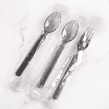 Еднократен пластмасов комплект прибори за хранене с дълги дръжки, удебелен американски стил лъжица, вилица и нож, индивидуално опаковани, 100 бр. в опаковка