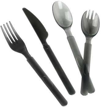 Еднократен пластмасов комплект прибори за хранене с дълги дръжки, удебелен американски стил лъжица, вилица и нож, индивидуално опаковани, 100 бр. в опаковка