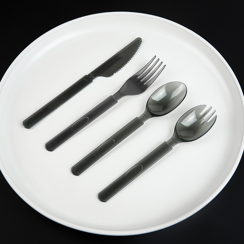 Еднократен пластмасов комплект прибори за хранене с дълги дръжки, удебелен американски стил лъжица, вилица и нож, индивидуално опаковани, 100 бр. в опаковка