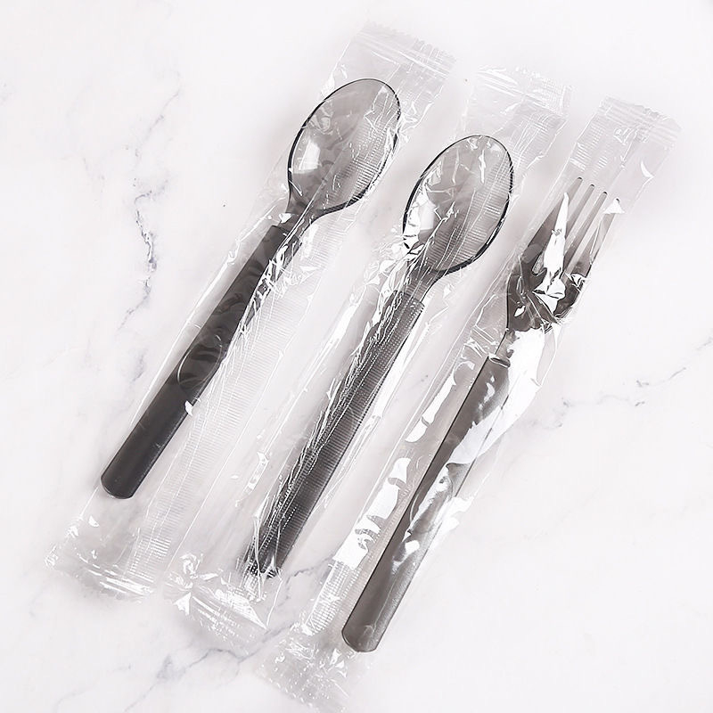 Еднократен пластмасов комплект прибори за хранене с дълги дръжки, удебелен американски стил лъжица, вилица и нож, индивидуално опаковани, 100 бр. в опаковка