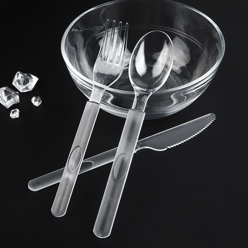 Еднократен пластмасов комплект прибори за хранене с дълги дръжки, удебелен американски стил лъжица, вилица и нож, индивидуално опаковани, 100 бр. в опаковка