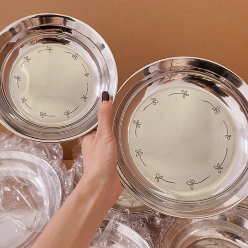 Debeli tanjur od 304 nehrđajućeg čelika, kružnog oblika, s cvjetnim uzorkom, velikog kapaciteta, moderni minimalistički stil, sprječava prolijevanje