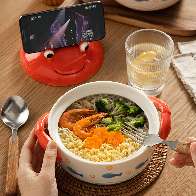 Kreativna keramička zdjela za ramen s poklopcem i stalkom za telefon, dvostruke ručke, za studentske domove.