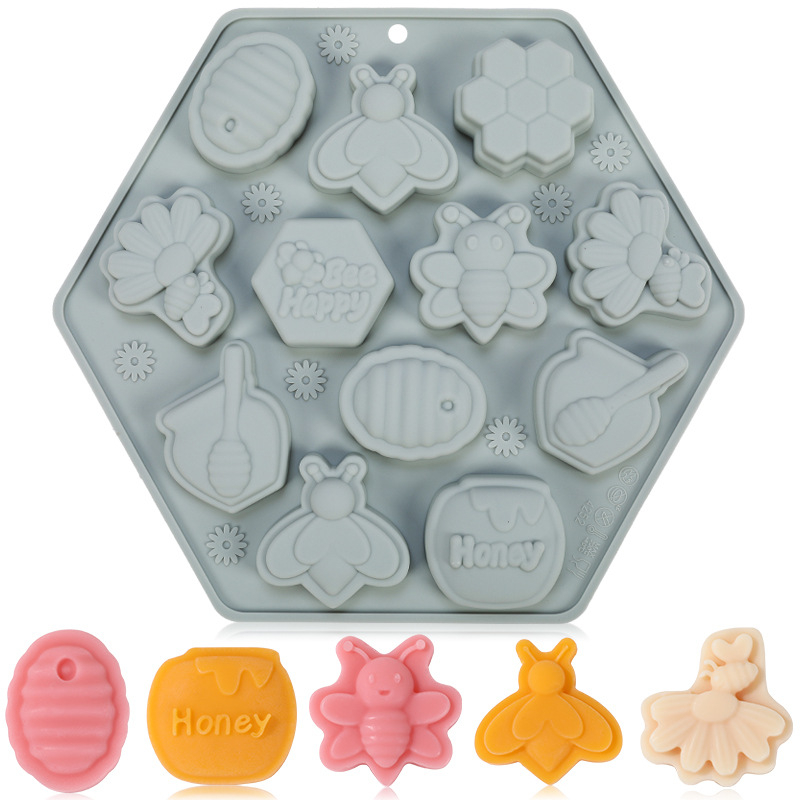 Formă de ciocolată Good time, serie 12 cavități cu motiv floare de albină și recipient de miere, silicon alimentar, cod Jsc4252