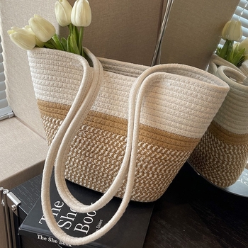 Szövött pamut tote táska, városi minimalistikus stílus, dumpling alakú, nyitott zseb, egy vállpánt