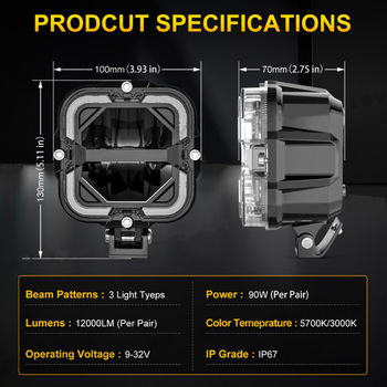 LED automobilio darbo šviesa, off-road kvadratinis prožektorius, 65W, 9-36V, 6000 lm, 5700K, liejimo aliuminio korpusas