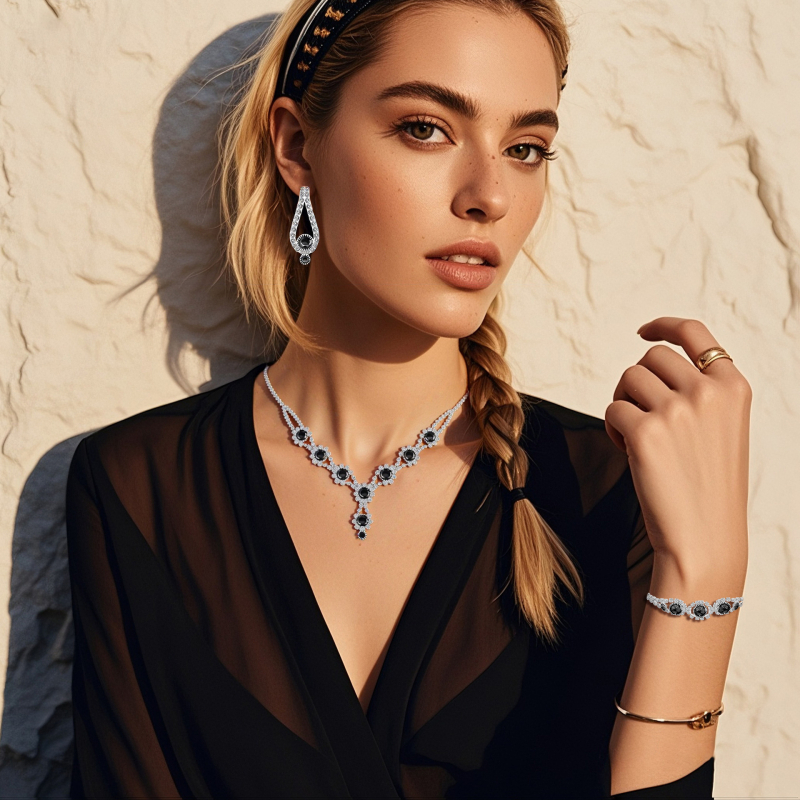 Set din trei piese Rhinestone: colier, cercei și brățară – Acrilic + aliaj, electroplating, Rhinestone piatră, lanț standard, 40 g