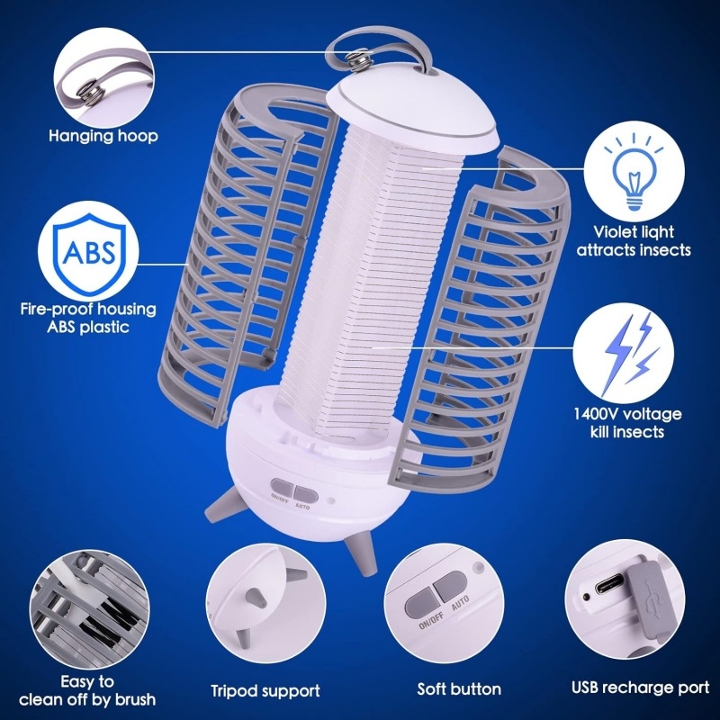 Električna hvataljka za komarce s LED UV svjetlom – ugrađena baterija 2500–3000 mAh, domet 21–30 m², vrijeme punjenja 3–5 sati, ambijentalno osvjetljenje