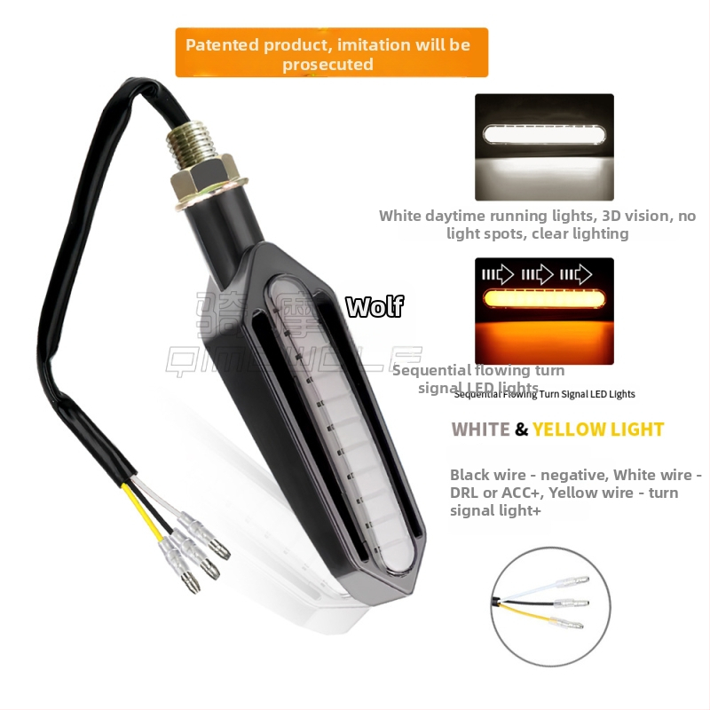 LED motociklo galinė lemputė su integruota posūkio signalu, stabdžių šviesa ir dienos šviesa (DRL), 12V DC, LED 0,2W, tarnavimo laikas 30 000 h, modeliai Y-A05-W, Y-A05-R, Y-A05-Y